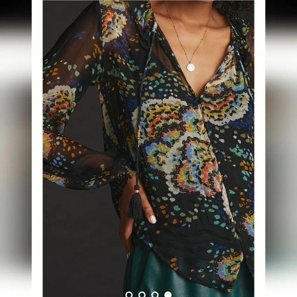 By Anthropologie Peasant Blouse Button Up Semi Sheer Pleated Top Neck Tassels XS - Picture 7 of 16